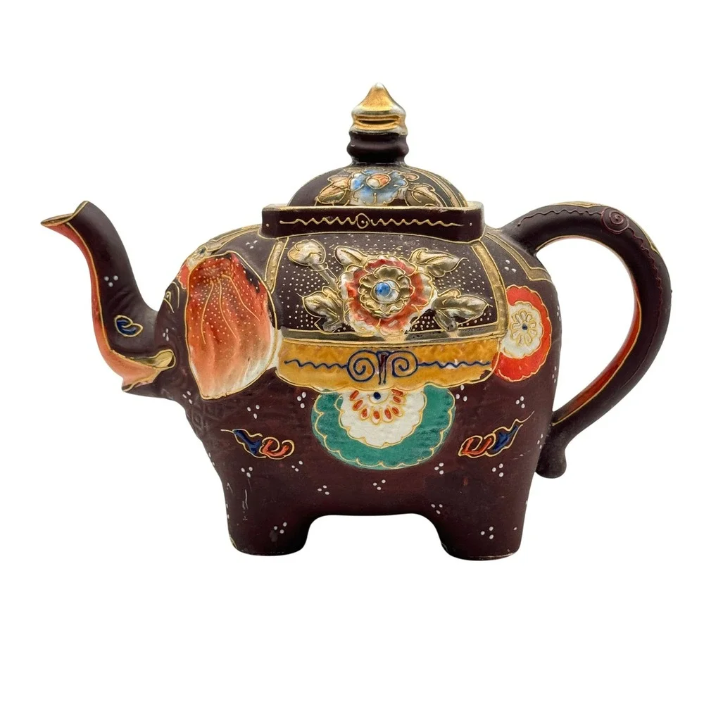 Elephant Teapot‎ Made In Japan Moriage Hand Painted Art Deco Kutani Style Enamel
